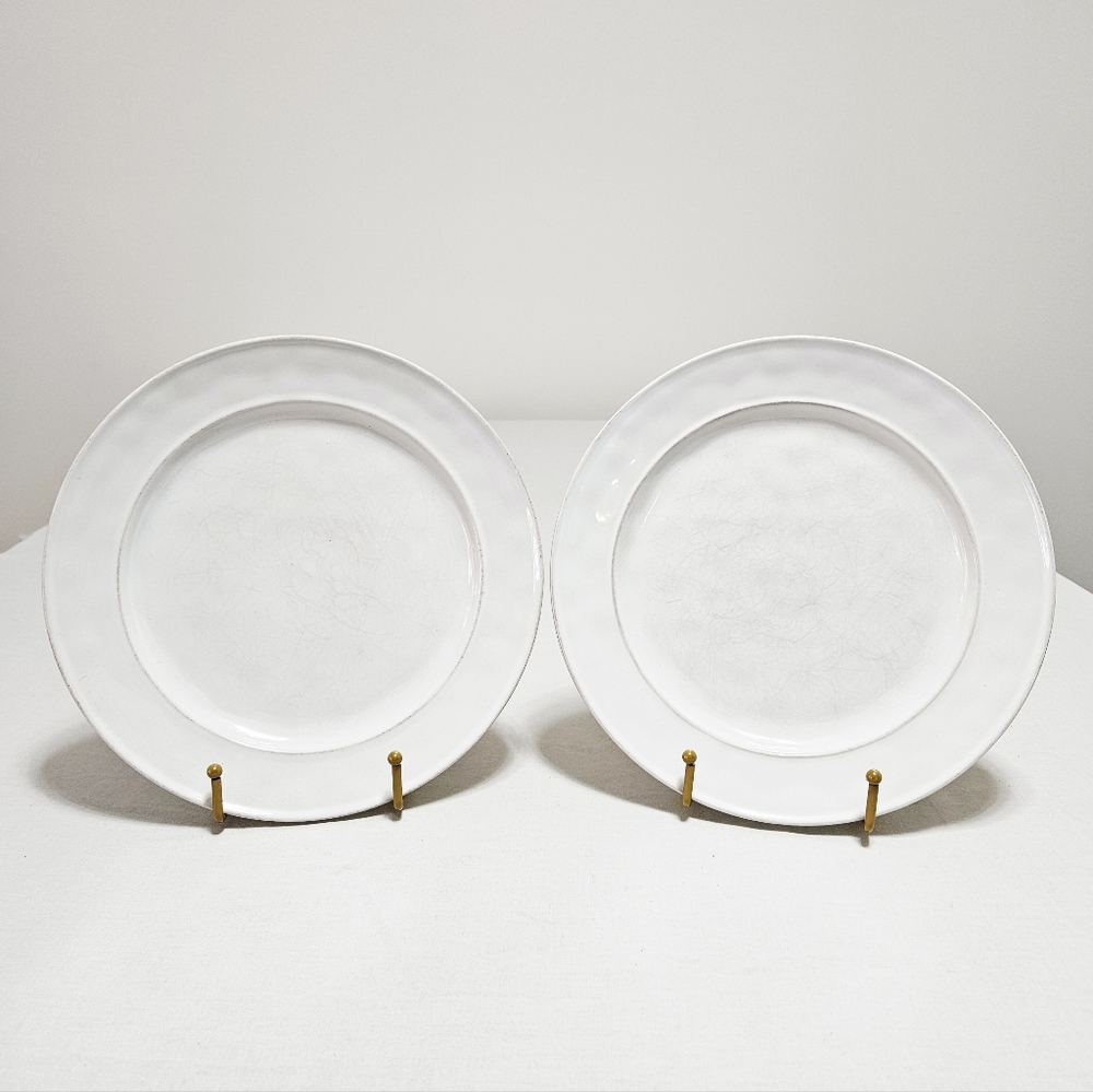 Pottery Barn Cambria Stone (2) Dinner Plates Handcrafted Rustic Trim White 10.7"